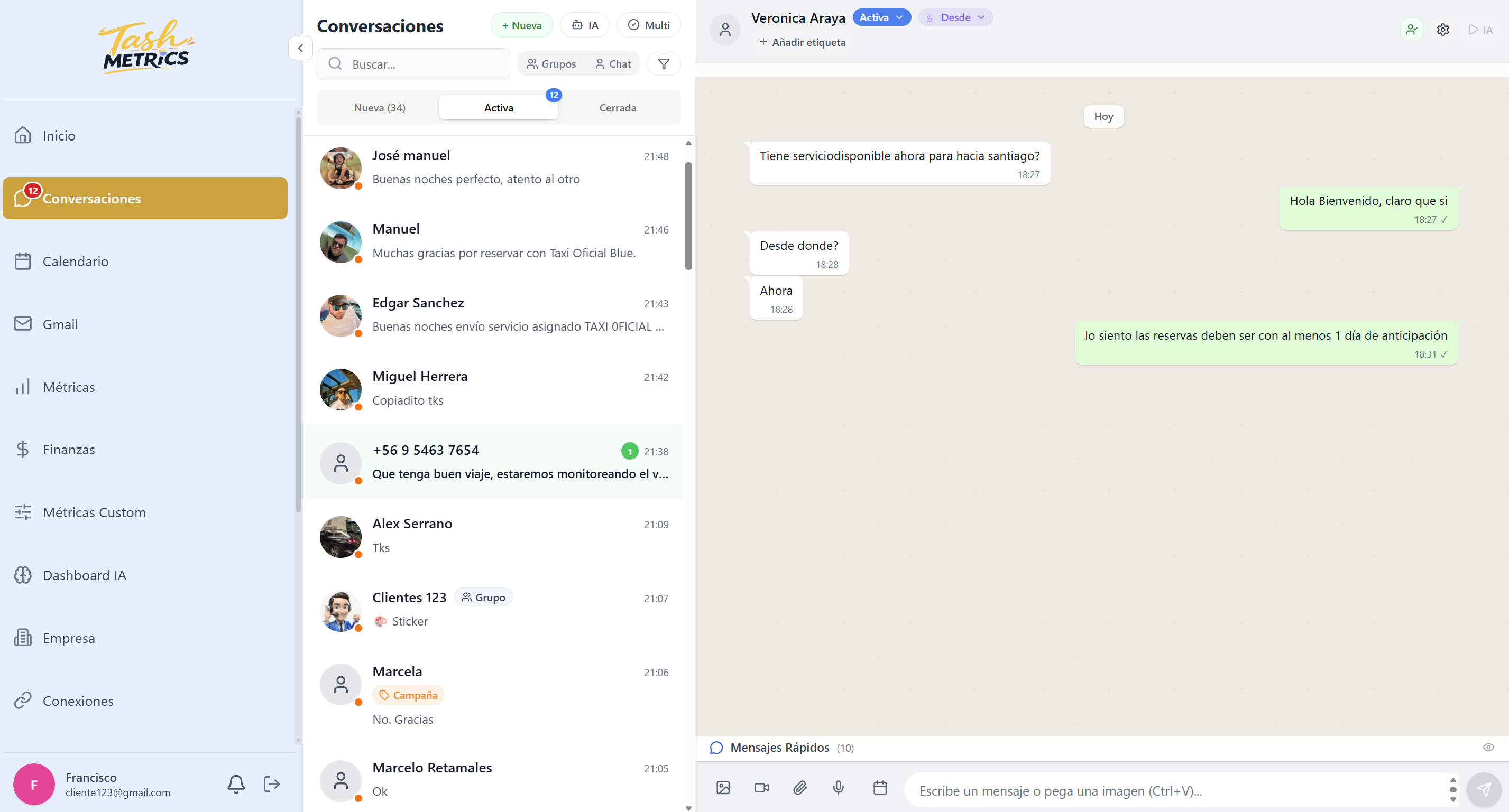 Bandeja de conversaciones de TashMetrics para gestionar WhatsApp en un solo lugar